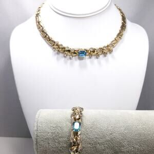 Vintage Gold Tone Blue Rhinestone Choker Necklace Bracelet Set